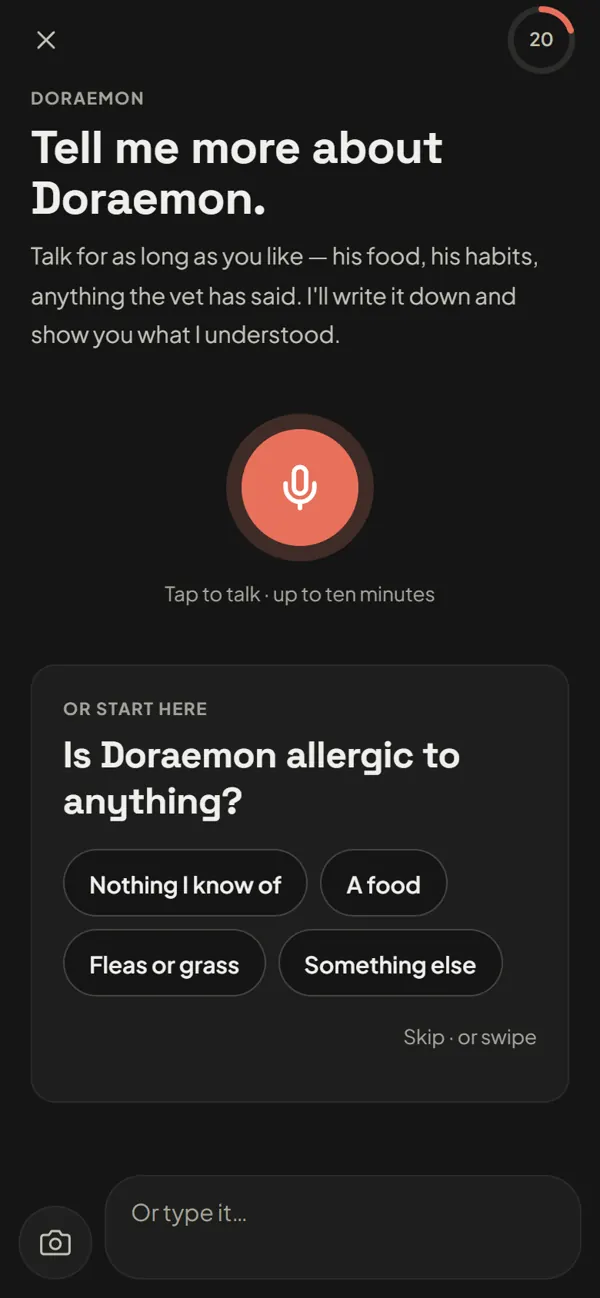 Laika asking “Is Doraemon allergic to anything?” with answers to tap